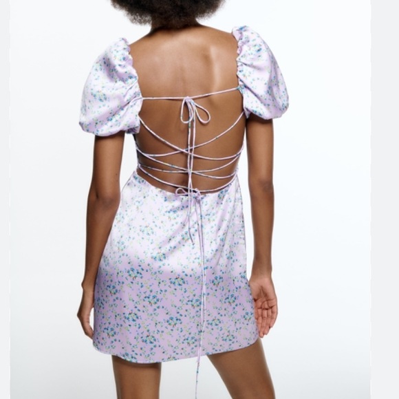 Zara NWT Printed Floral Lace Up Satin Dress Purple - Picture 2 of 8